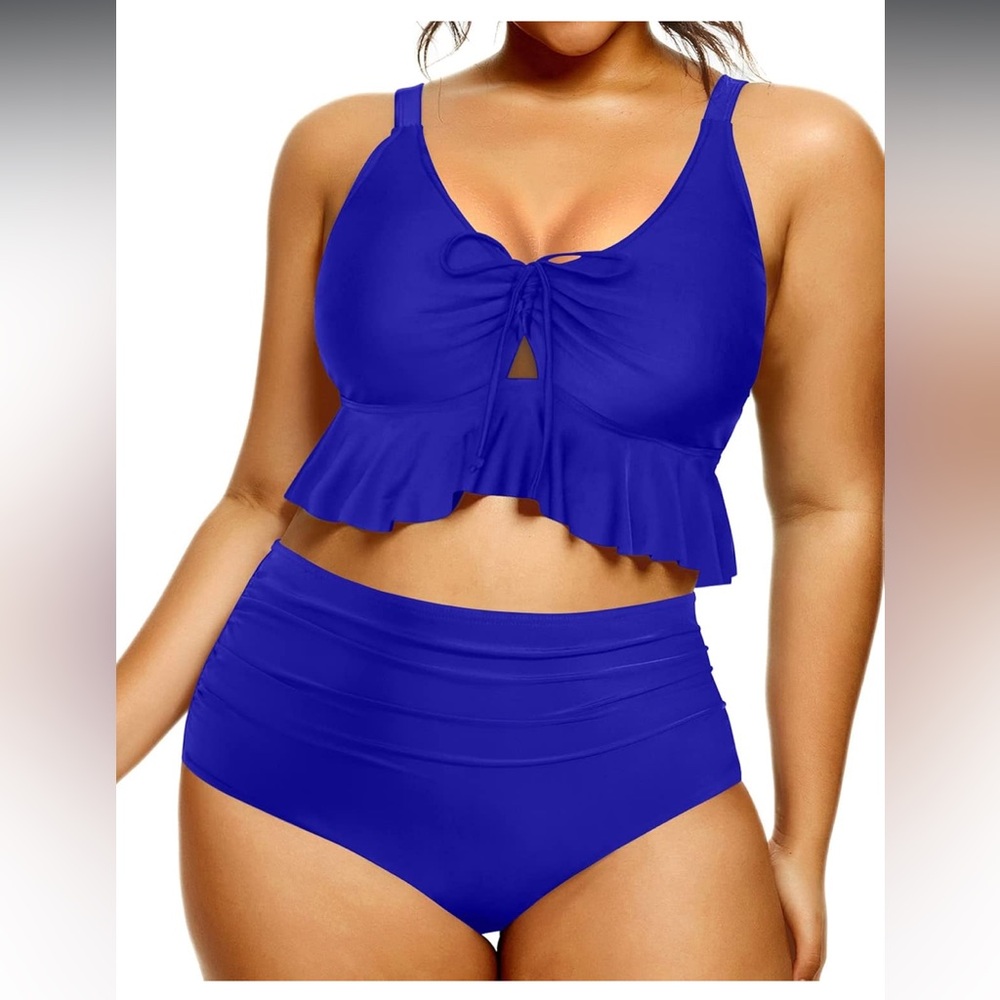 🚘Royal Blue Ruffled High-Waisted Bikini plus size tummy control